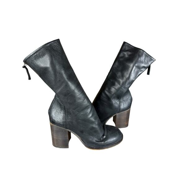 Free People Black Leather Slouch Mid Calf Boots 36 Block Heel Retro Style - Picture 3 of 12